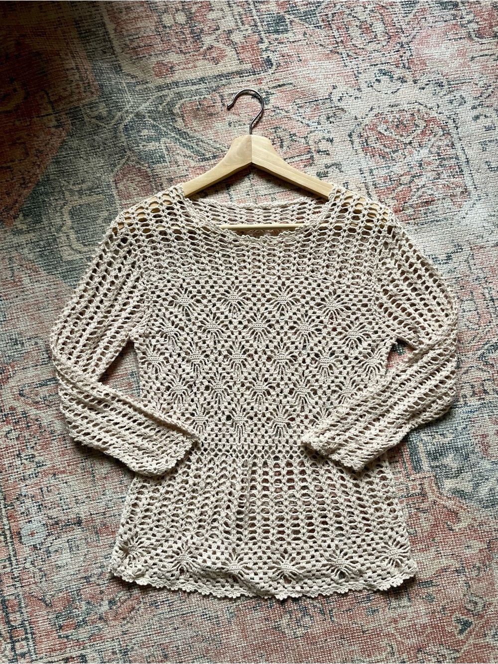Unbranded Vintage Women’s Crochet Y2K Celestial Coastal Boho beige Knit Sweater